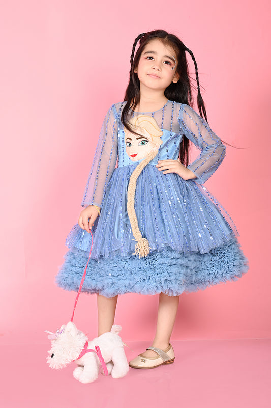 Young girl in a blue dress with a character design, holding a plush toy, on a pink background