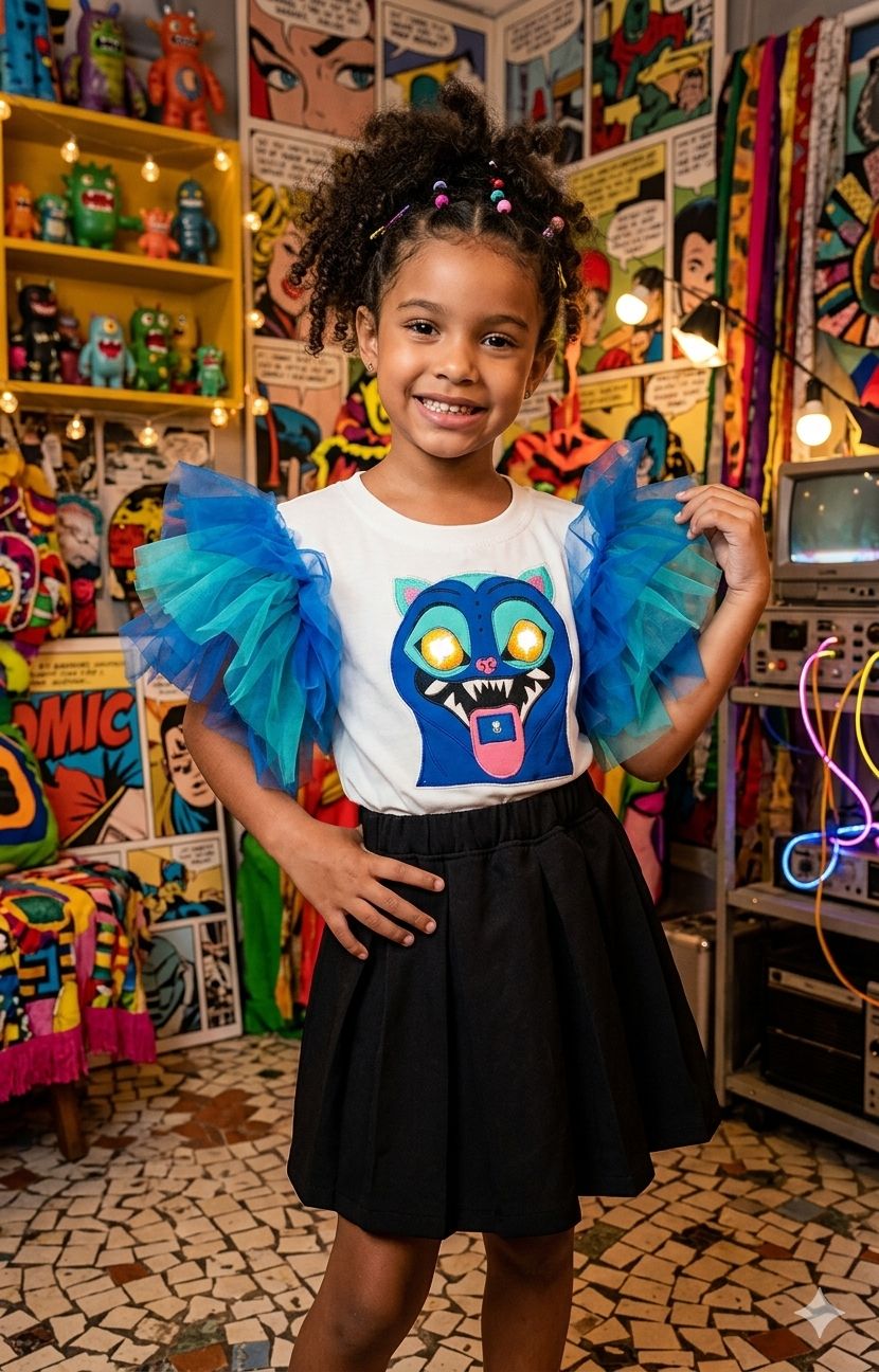 LED Monster Tee with Tulle Sleeves & Box-Pleat Skirt