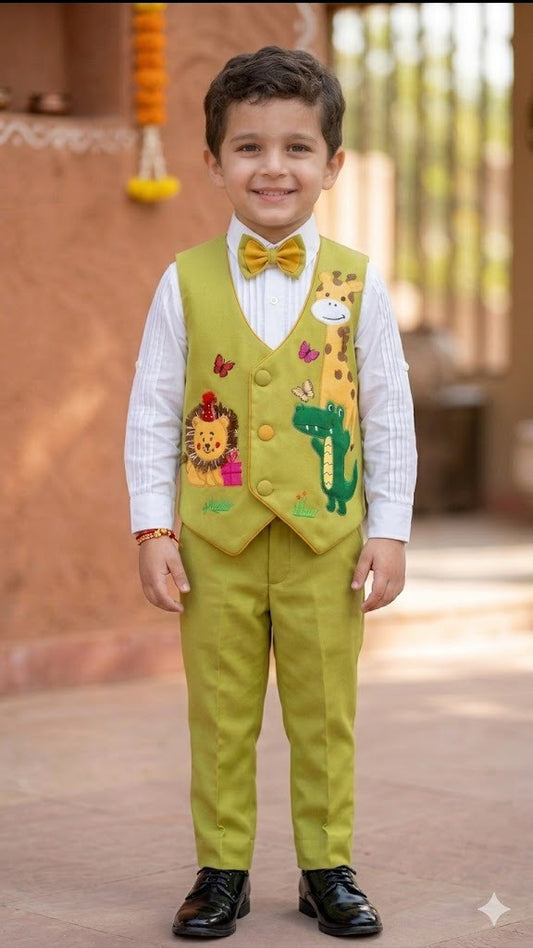 Lime green waistcoat with giraffe, lion, crocodile & butterfly appliqués. Matching pants, pintex shirt & bow tie.